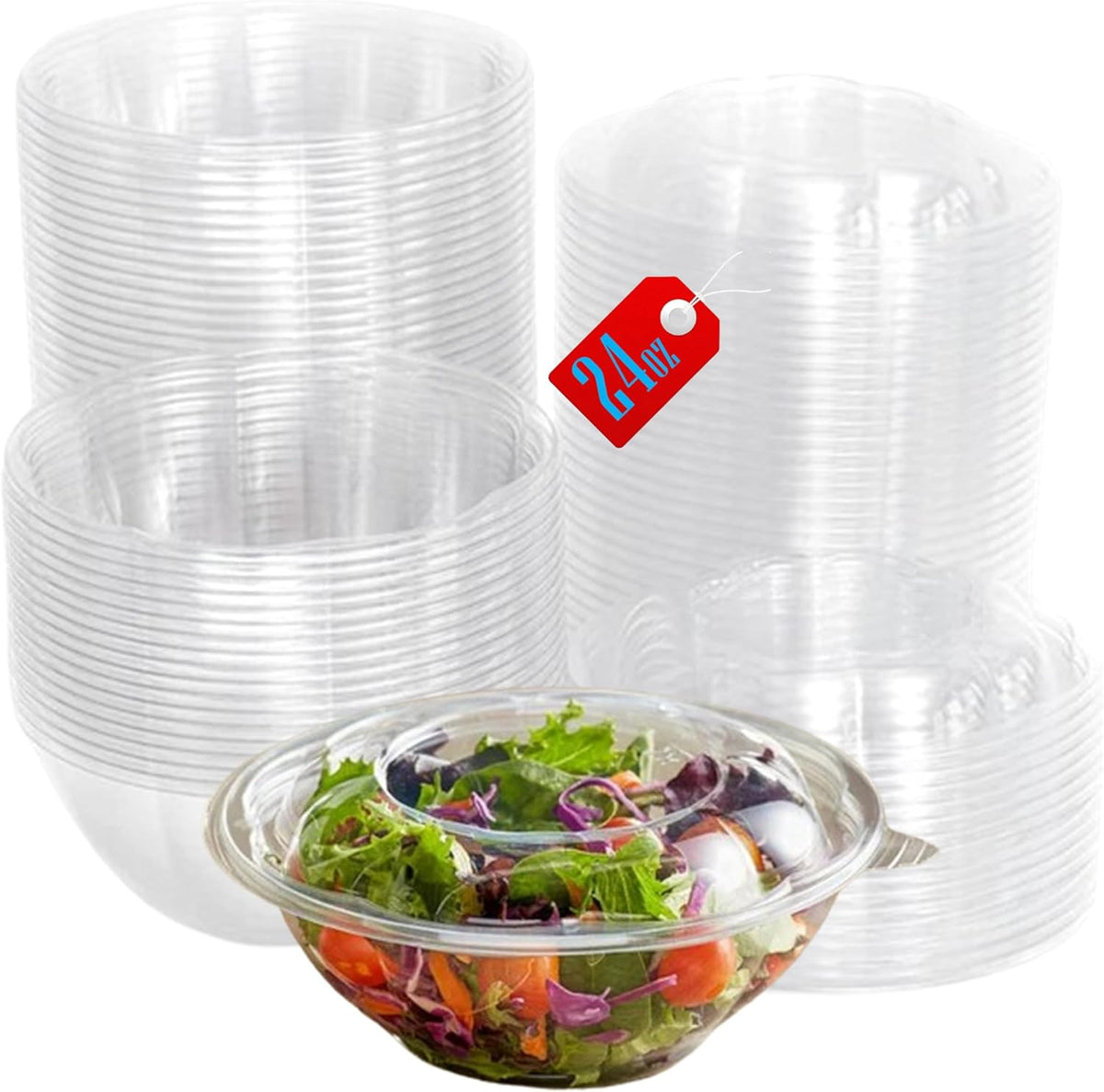 Clear 32 Ounce Plastic Salad Bowls with Snap-On Lids. Pack 50. Airtight Disposable Salad Containers for Lunch, Meal Prep, Parties. Ideal as Disposable Salad Bowls with Lids