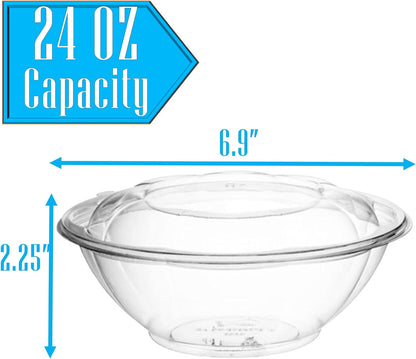 Clear 32 Ounce Plastic Salad Bowls with Snap-On Lids. Pack 50. Airtight Disposable Salad Containers for Lunch, Meal Prep, Parties. Ideal as Disposable Salad Bowls with Lids