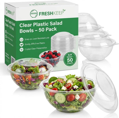 Clear 32 Ounce Plastic Salad Bowls with Snap-On Lids. Pack 50. Airtight Disposable Salad Containers for Lunch, Meal Prep, Parties. Ideal as Disposable Salad Bowls with Lids