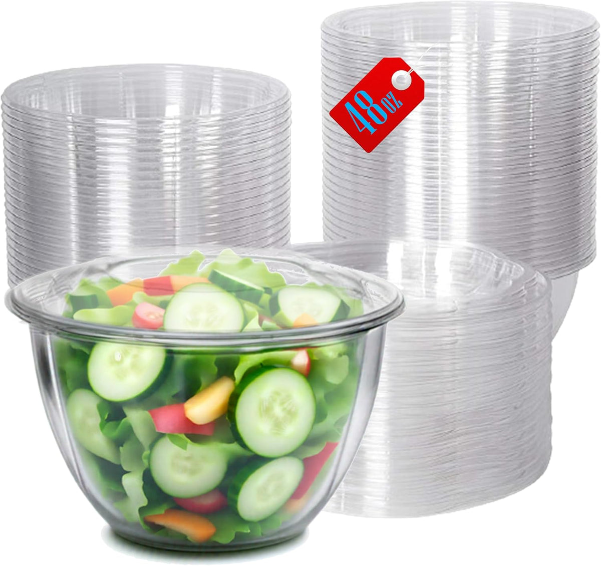 Clear 32 Ounce Plastic Salad Bowls with Snap-On Lids. Pack 50. Airtight Disposable Salad Containers for Lunch, Meal Prep, Parties. Ideal as Disposable Salad Bowls with Lids