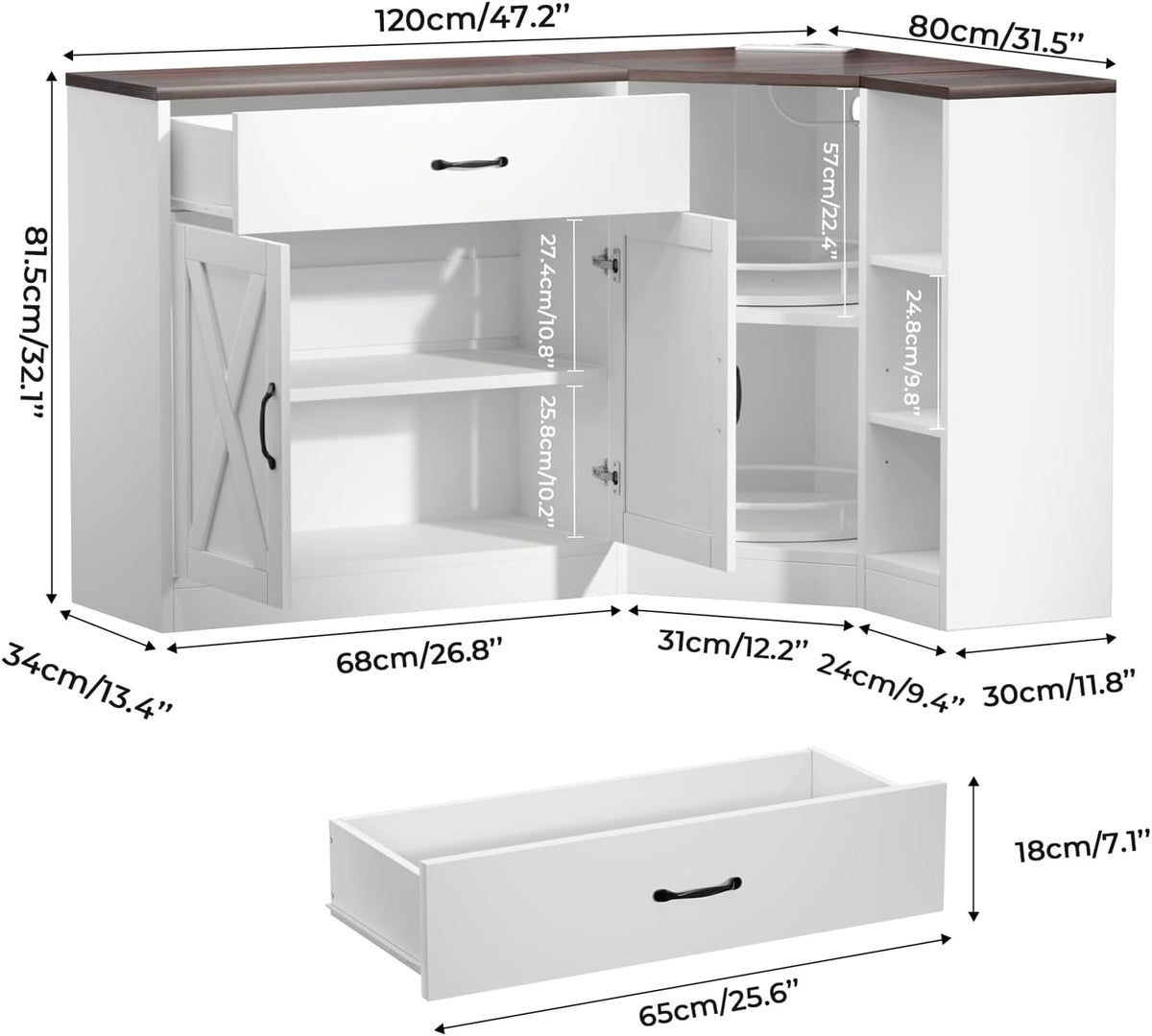 Corner Cabinet w/Charging Station, Kitchen Pantry w/Lazy Susan Turntable