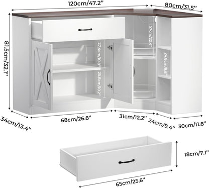 Corner Cabinet w/Charging Station, Kitchen Pantry w/Lazy Susan Turntable
