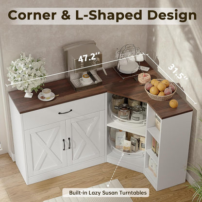 Corner Cabinet w/Charging Station, Kitchen Pantry w/Lazy Susan Turntable