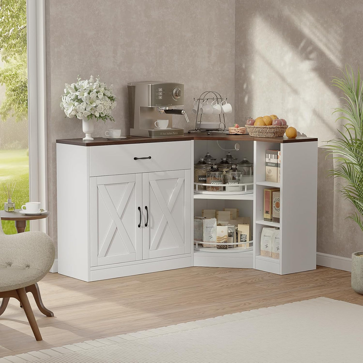 Corner Cabinet w/Charging Station, Kitchen Pantry w/Lazy Susan Turntable