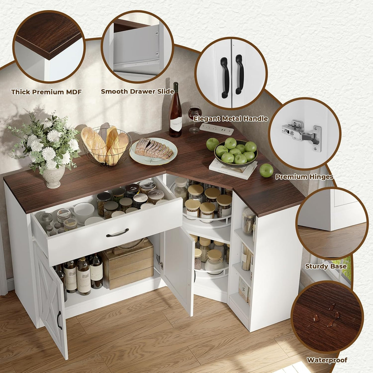 Corner Cabinet w/Charging Station, Kitchen Pantry w/Lazy Susan Turntable