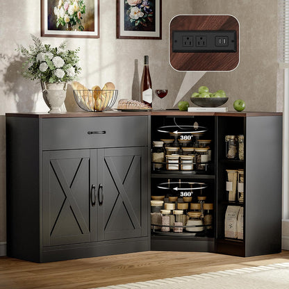 Corner Cabinet w/Charging Station, Kitchen Pantry w/Lazy Susan Turntable