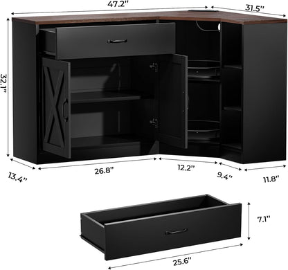 Corner Cabinet w/Charging Station, Kitchen Pantry w/Lazy Susan Turntable