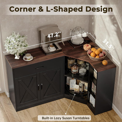 Corner Cabinet w/Charging Station, Kitchen Pantry w/Lazy Susan Turntable