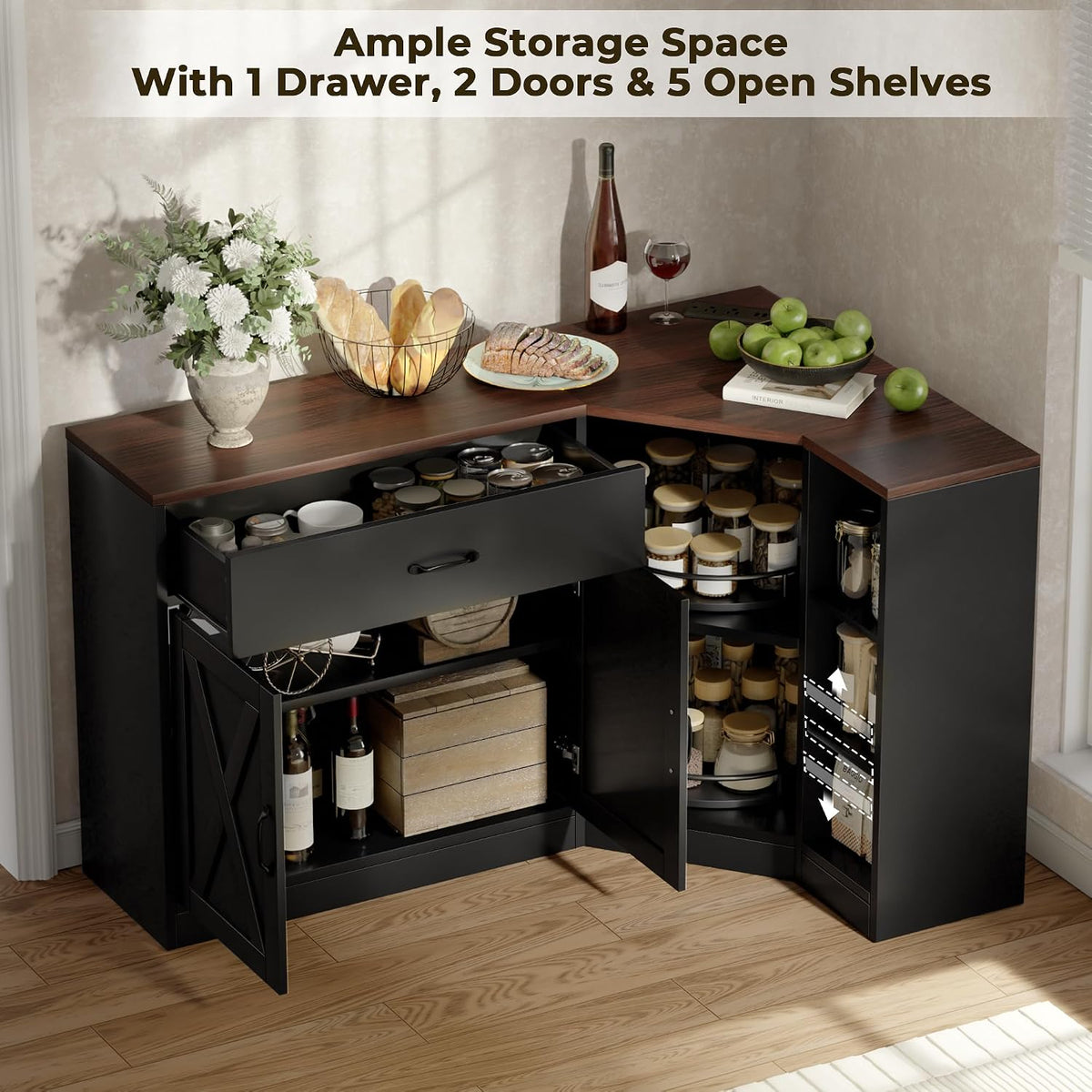 Corner Cabinet w/Charging Station, Kitchen Pantry w/Lazy Susan Turntable