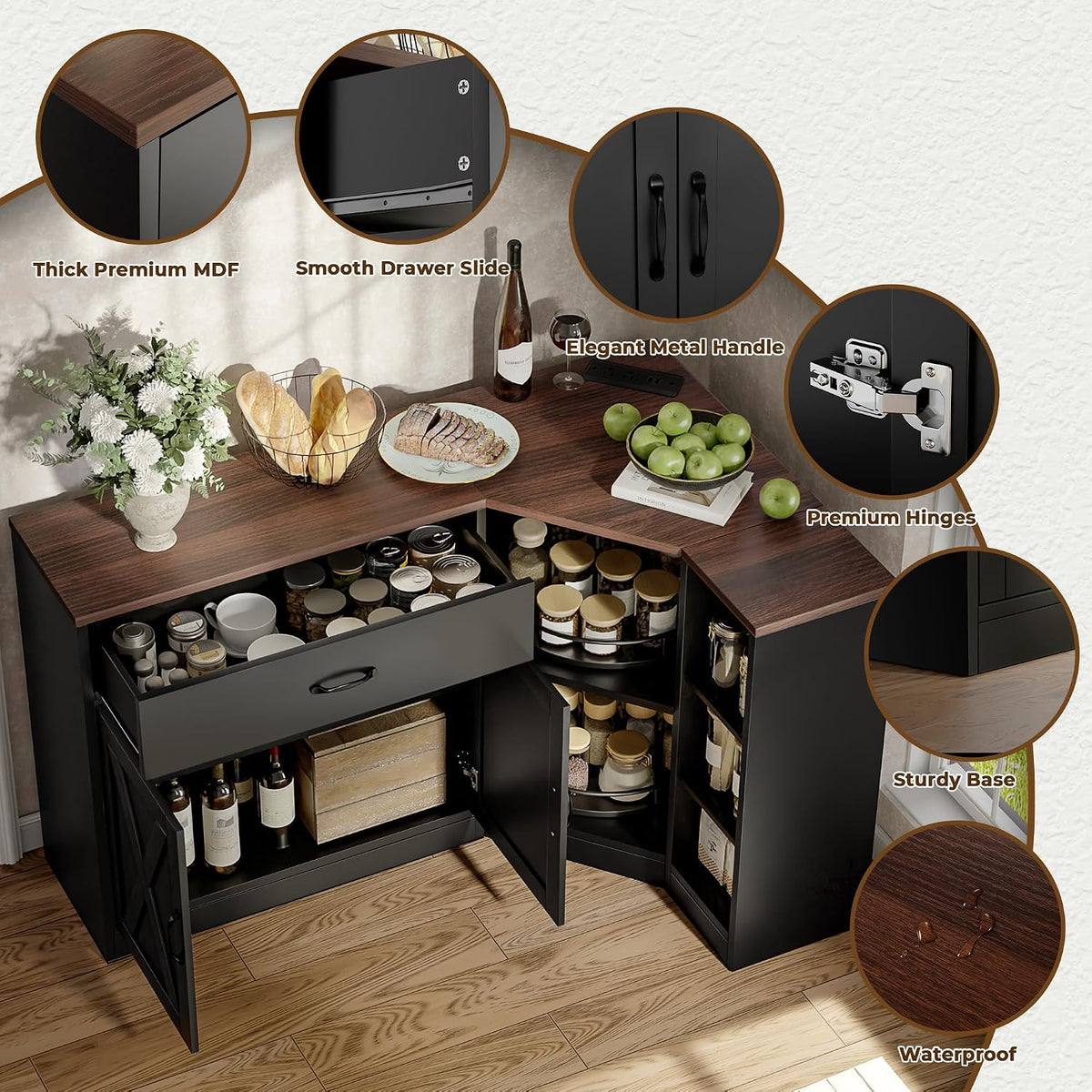 Corner Cabinet w/Charging Station, Kitchen Pantry w/Lazy Susan Turntable