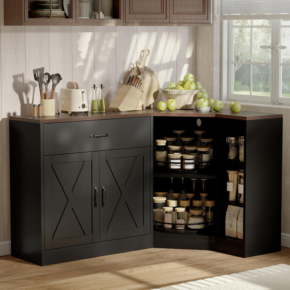 Corner Cabinet w/Charging Station, Kitchen Pantry w/Lazy Susan Turntable