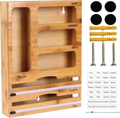 Bag Storage Organizer for Kitchen Drawer and Plastic Wrap Dispenser with Cutter, 6 In 1 Large Capacity Bamboo Foil and Plastic Bag Food Baggie Organizer for Snack, Sandwich, Gallon, Quart