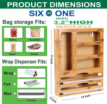 Bag Storage Organizer for Kitchen Drawer and Plastic Wrap Dispenser with Cutter, 6 In 1 Large Capacity Bamboo Foil and Plastic Bag Food Baggie Organizer for Snack, Sandwich, Gallon, Quart