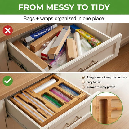 Bag Storage Organizer for Kitchen Drawer and Plastic Wrap Dispenser with Cutter, 6 In 1 Large Capacity Bamboo Foil and Plastic Bag Food Baggie Organizer for Snack, Sandwich, Gallon, Quart