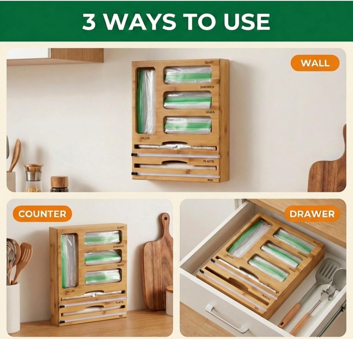Bag Storage Organizer for Kitchen Drawer and Plastic Wrap Dispenser with Cutter, 6 In 1 Large Capacity Bamboo Foil and Plastic Bag Food Baggie Organizer for Snack, Sandwich, Gallon, Quart