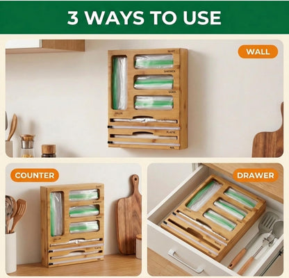 Bag Storage Organizer for Kitchen Drawer and Plastic Wrap Dispenser with Cutter, 6 In 1 Large Capacity Bamboo Foil and Plastic Bag Food Baggie Organizer for Snack, Sandwich, Gallon, Quart