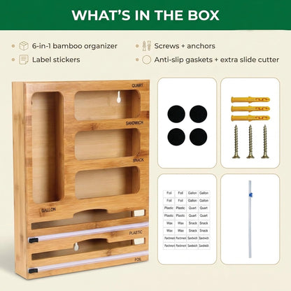 Bag Storage Organizer for Kitchen Drawer and Plastic Wrap Dispenser with Cutter, 6 In 1 Large Capacity Bamboo Foil and Plastic Bag Food Baggie Organizer for Snack, Sandwich, Gallon, Quart