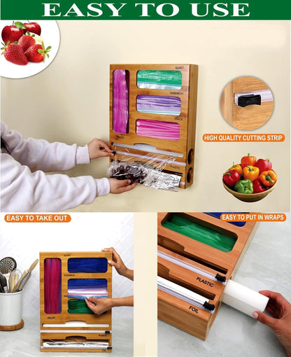 Bag Storage Organizer for Kitchen Drawer and Plastic Wrap Dispenser with Cutter, 6 In 1 Large Capacity Bamboo Foil and Plastic Bag Food Baggie Organizer for Snack, Sandwich, Gallon, Quart