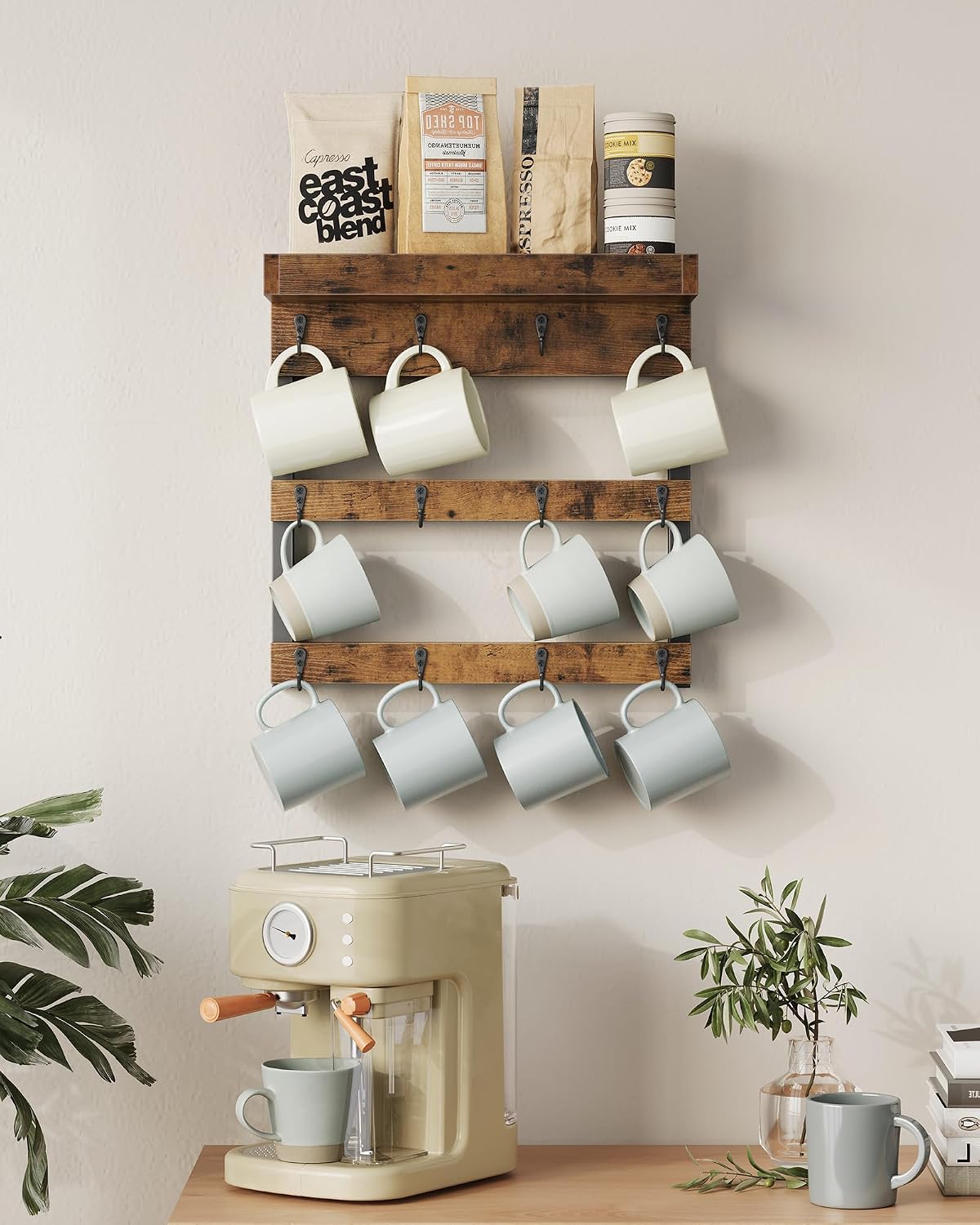 Coffee Mug Rack Wall Mounted, Rustic Wood Cups Rack, 12 Hooks & Shelf
