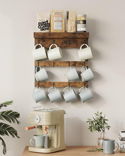 Coffee Mug Rack Wall Mounted, Rustic Wood Cups Rack, 12 Hooks & Shelf