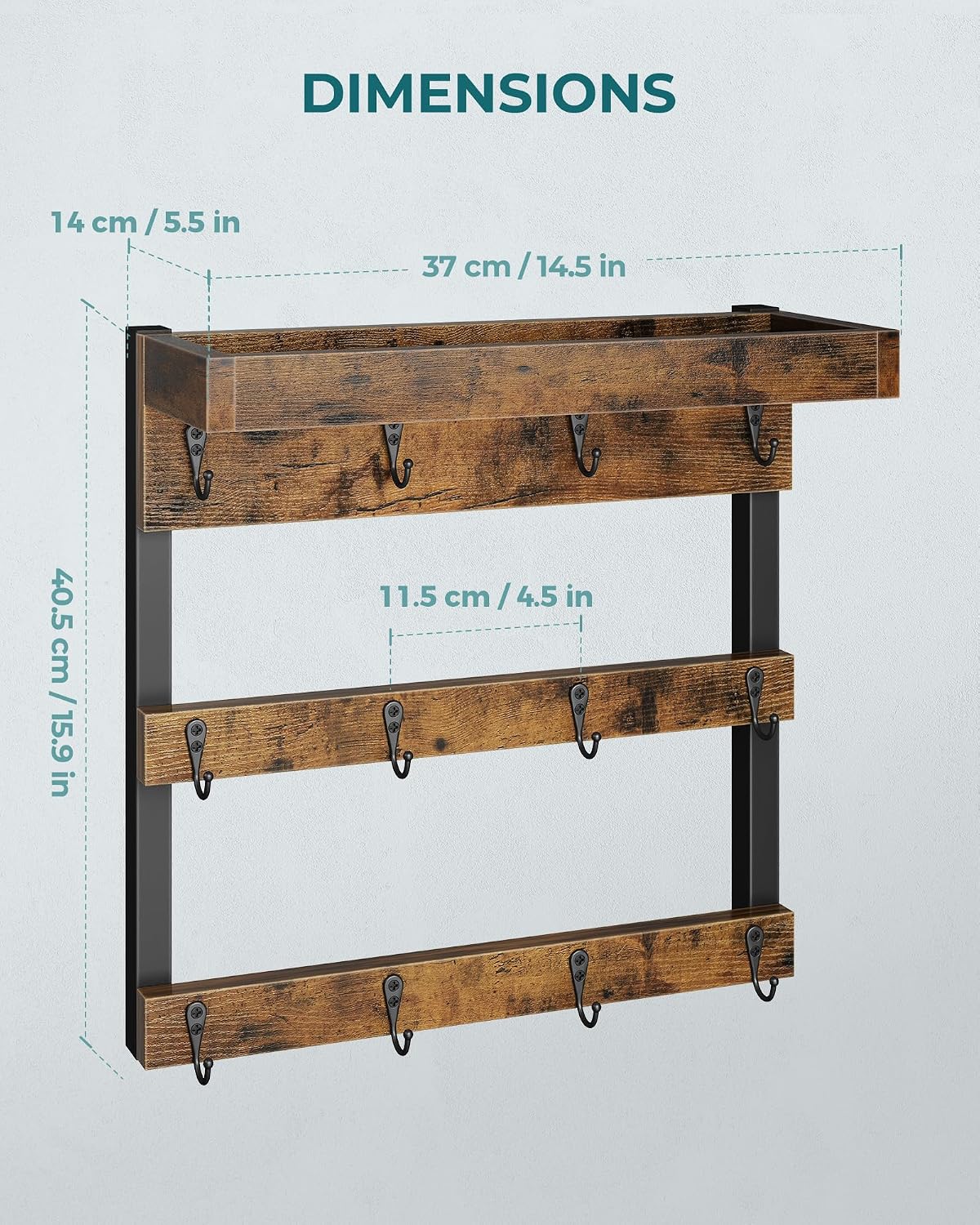 Coffee Mug Rack Wall Mounted, Rustic Wood Cups Rack, 12 Hooks & Shelf