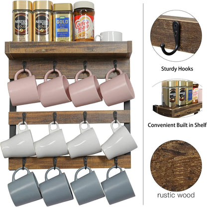 Coffee Mug Rack Wall Mounted, Rustic Wood Cups Rack, 12 Hooks & Shelf