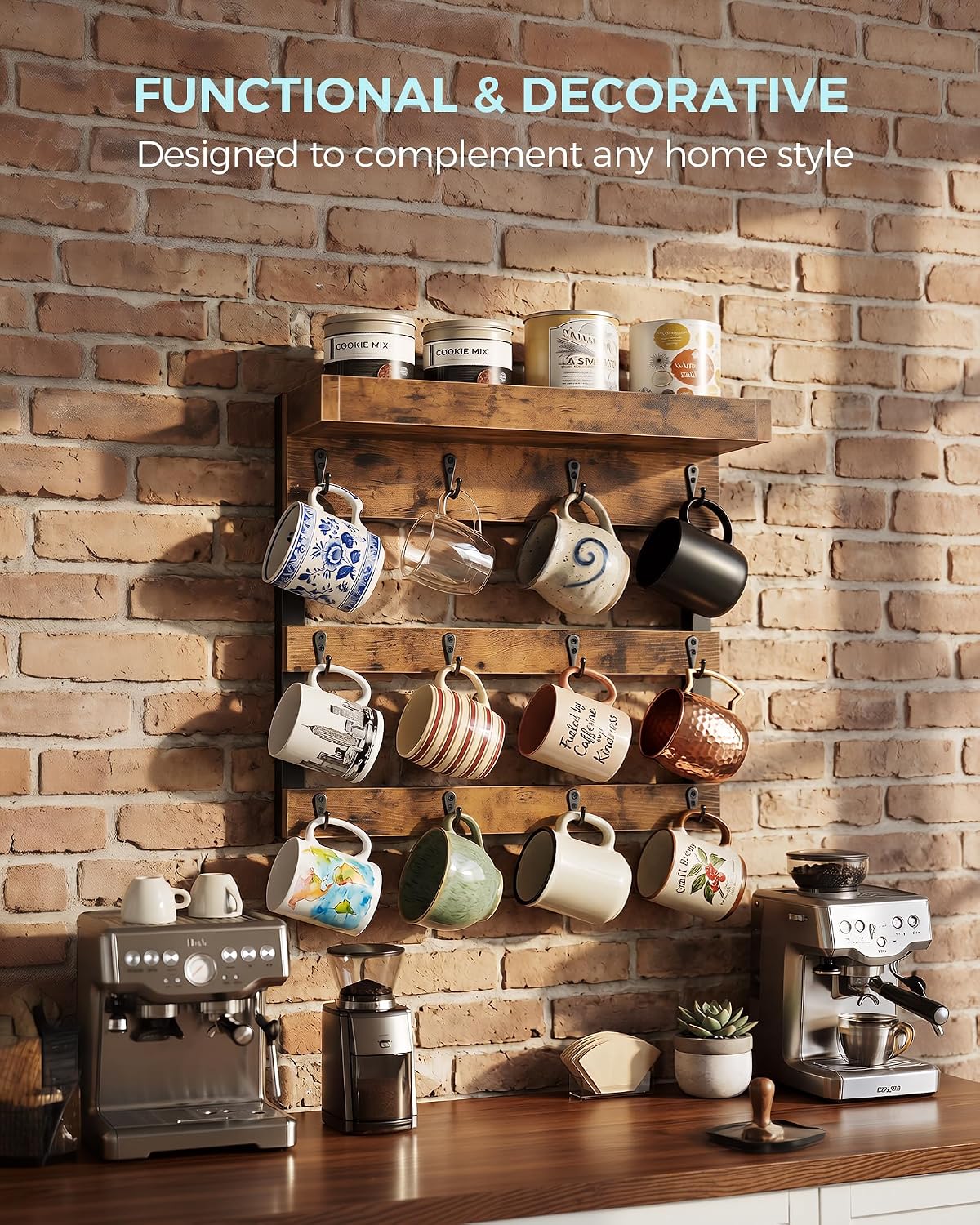 Coffee Mug Rack Wall Mounted, Rustic Wood Cups Rack, 12 Hooks & Shelf