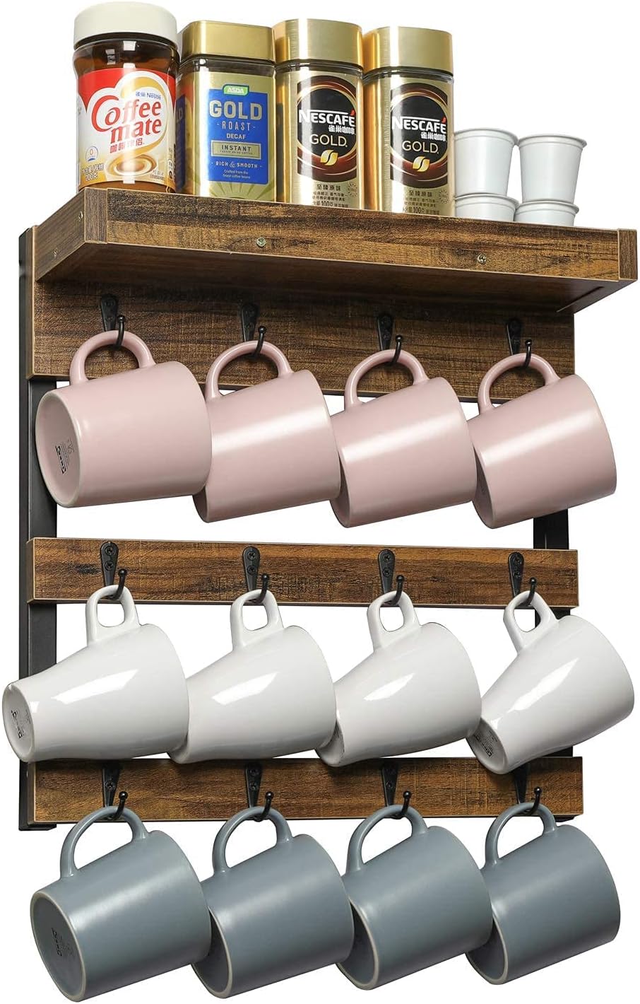 Coffee Mug Rack Wall Mounted, Rustic Wood Cups Rack, 12 Hooks & Shelf