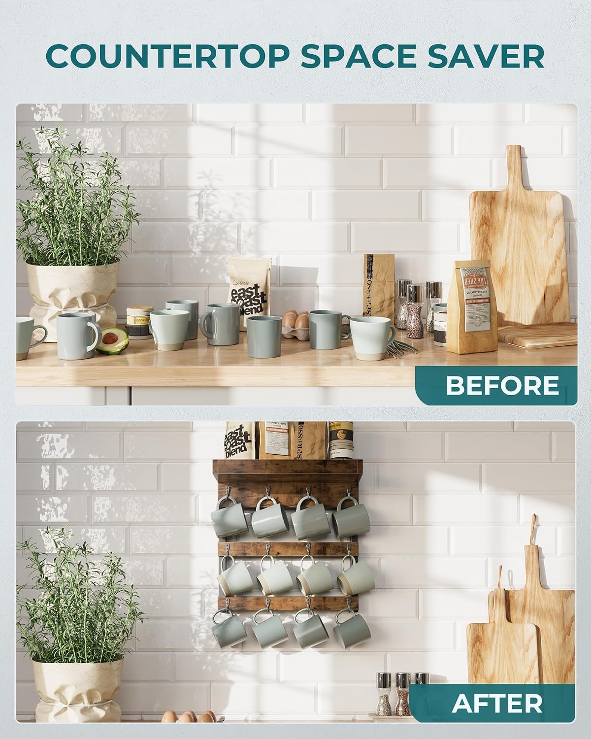 Coffee Mug Rack Wall Mounted, Rustic Wood Cups Rack, 12 Hooks & Shelf