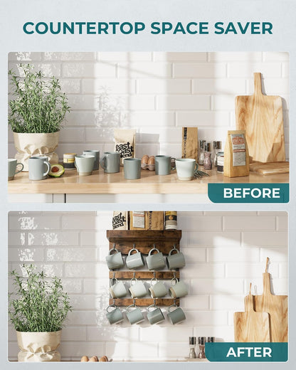 Coffee Mug Rack Wall Mounted, Rustic Wood Cups Rack, 12 Hooks & Shelf