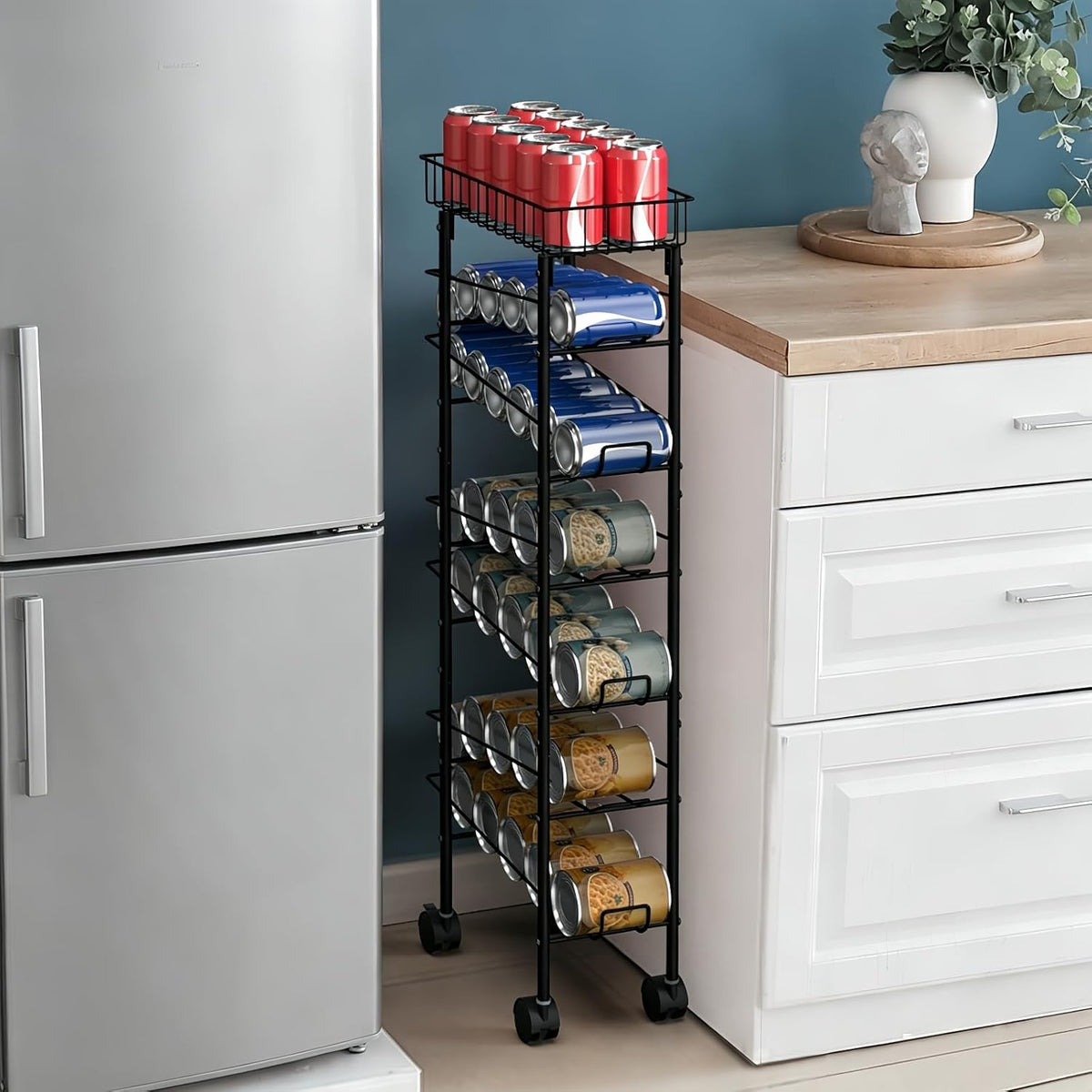 Slim Soda Can Storage Cart with Wheels, Canned Food Organizer, Black | Rolling Cans Dispenser Rack, Top Basket, For Kitchen Pantry, Narrow Space