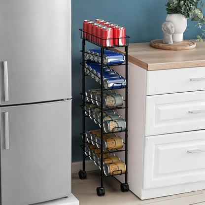 Slim Soda Can Storage Cart with Wheels, Canned Food Organizer, Black | Rolling Cans Dispenser Rack, Top Basket, For Kitchen Pantry, Narrow Space