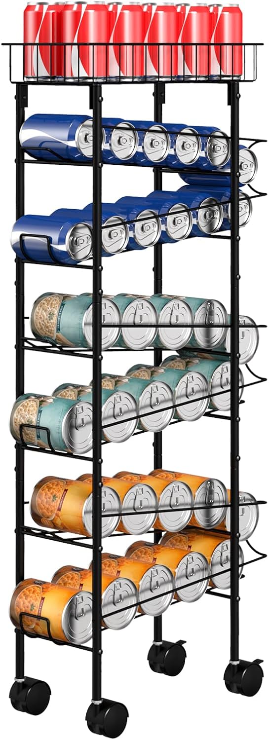 Slim Soda Can Storage Cart with Wheels, Canned Food Organizer, Black | Rolling Cans Dispenser Rack, Top Basket, For Kitchen Pantry, Narrow Space