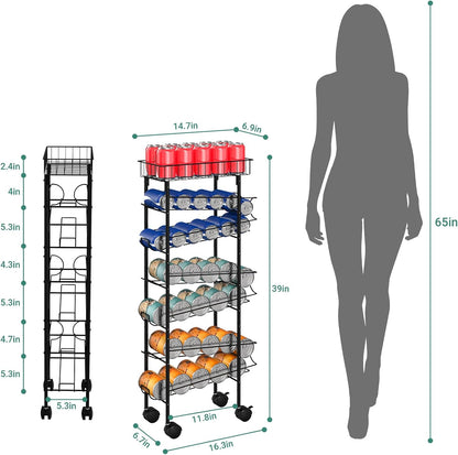 Slim Soda Can Storage Cart with Wheels, Canned Food Organizer, Black | Rolling Cans Dispenser Rack, Top Basket, For Kitchen Pantry, Narrow Space