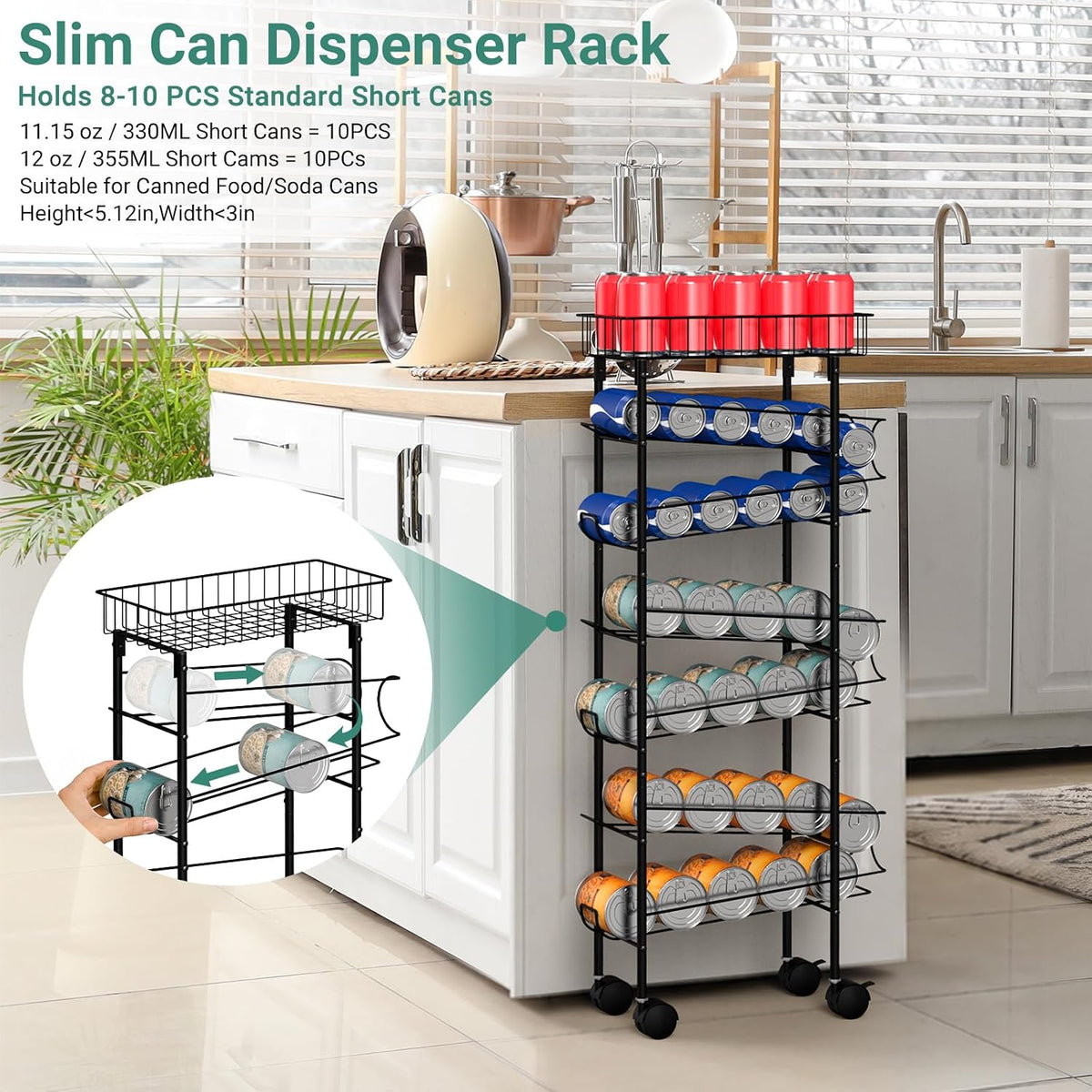 Slim Soda Can Storage Cart with Wheels, Canned Food Organizer, Black | Rolling Cans Dispenser Rack, Top Basket, For Kitchen Pantry, Narrow Space