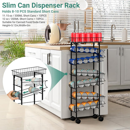 Slim Soda Can Storage Cart with Wheels, Canned Food Organizer, Black | Rolling Cans Dispenser Rack, Top Basket, For Kitchen Pantry, Narrow Space