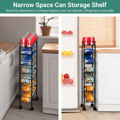 Slim Soda Can Storage Cart with Wheels, Canned Food Organizer, Black | Rolling Cans Dispenser Rack, Top Basket, For Kitchen Pantry, Narrow Space