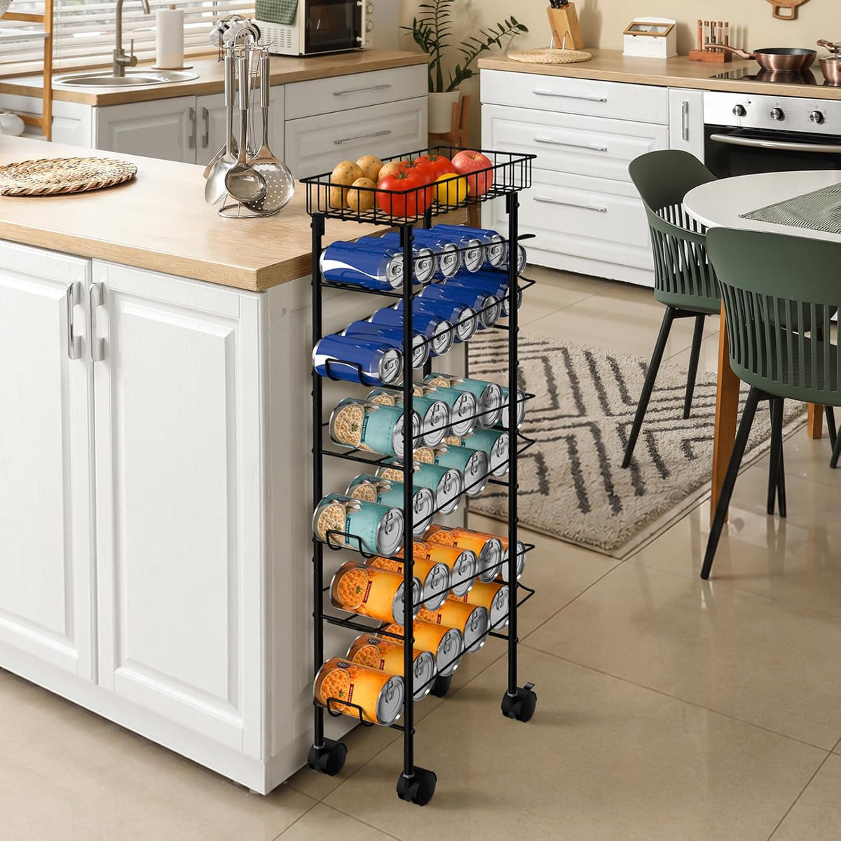 Slim Soda Can Storage Cart with Wheels, Canned Food Organizer, Black | Rolling Cans Dispenser Rack, Top Basket, For Kitchen Pantry, Narrow Space