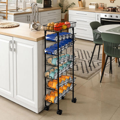Slim Soda Can Storage Cart with Wheels, Canned Food Organizer, Black | Rolling Cans Dispenser Rack, Top Basket, For Kitchen Pantry, Narrow Space
