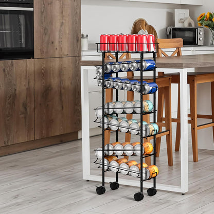 Slim Soda Can Storage Cart with Wheels, Canned Food Organizer, Black | Rolling Cans Dispenser Rack, Top Basket, For Kitchen Pantry, Narrow Space