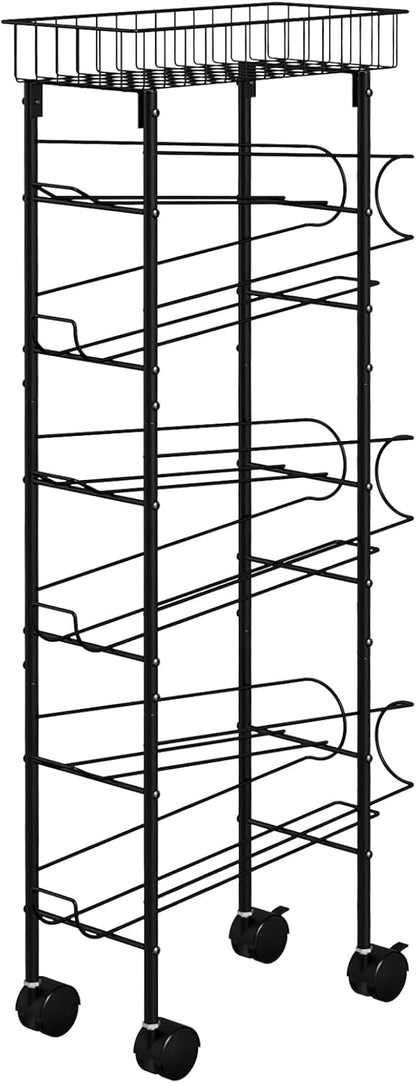Slim Soda Can Storage Cart with Wheels, Canned Food Organizer, Black | Rolling Cans Dispenser Rack, Top Basket, For Kitchen Pantry, Narrow Space