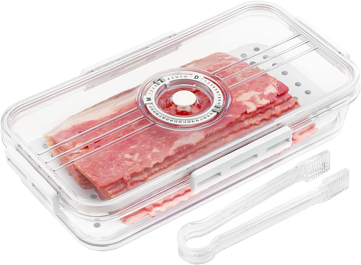 Bacon Storage Container for Fridge Airtight Lid Keeper Tongs Refrigerator | Durable Multi-purpose Bacon Deli Meat Cheese and Drain Plate Holder with Food Serving Tongs Date Tracking on the Lid