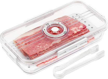Bacon Storage Container for Fridge Airtight Lid Keeper Tongs Refrigerator | Durable Multi-purpose Bacon Deli Meat Cheese and Drain Plate Holder with Food Serving Tongs Date Tracking on the Lid