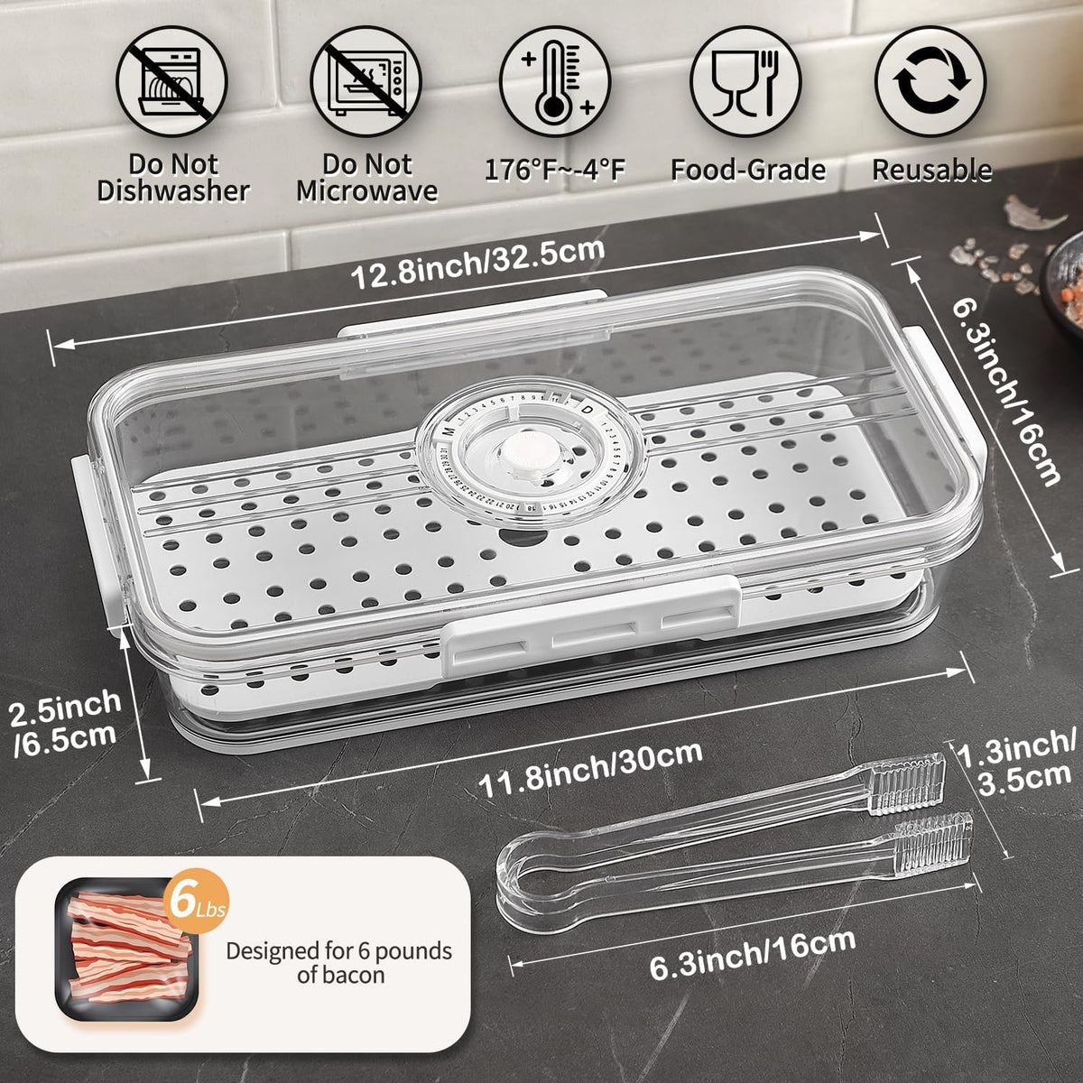 Bacon Storage Container for Fridge Airtight Lid Keeper Tongs Refrigerator | Durable Multi-purpose Bacon Deli Meat Cheese and Drain Plate Holder with Food Serving Tongs Date Tracking on the Lid