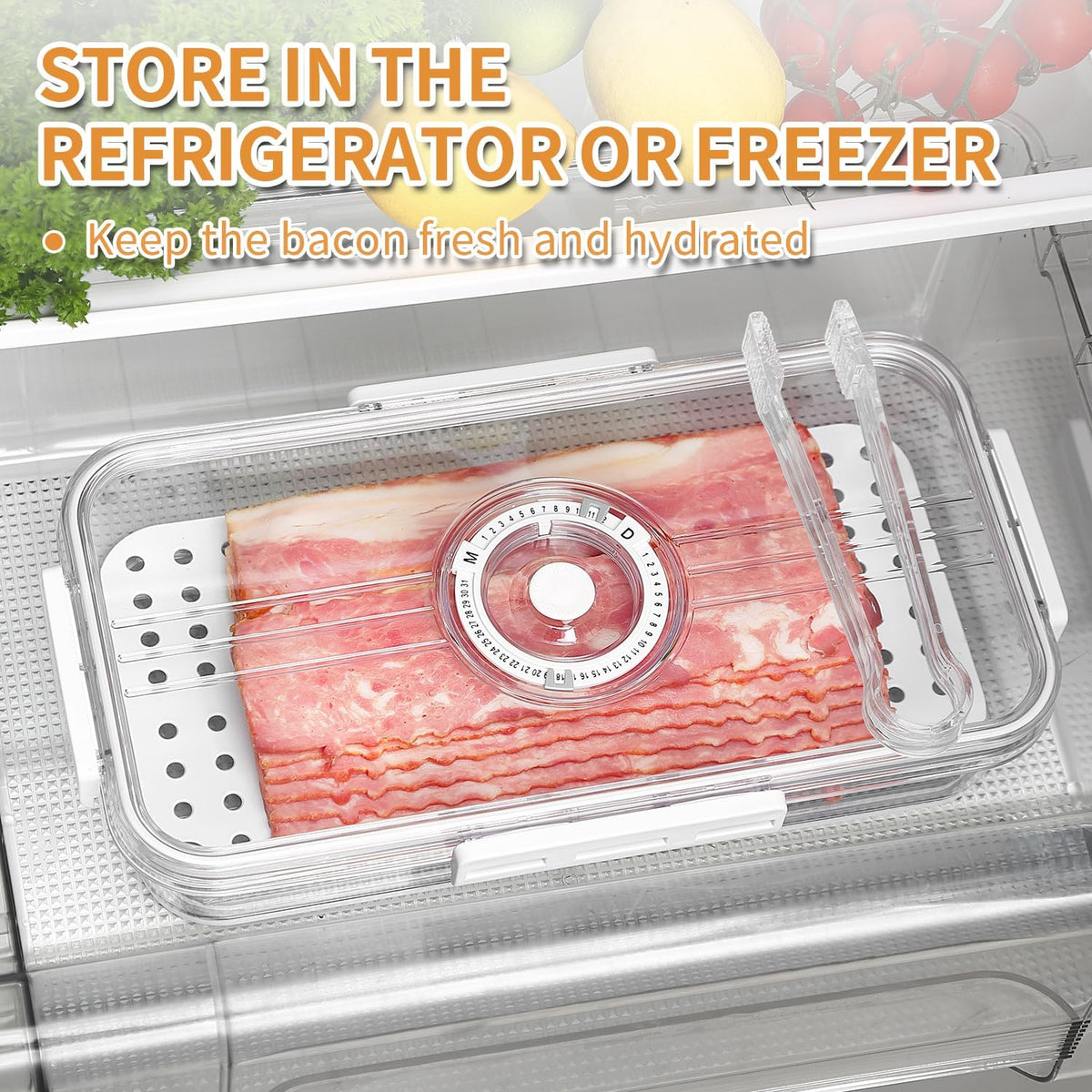Bacon Storage Container for Fridge Airtight Lid Keeper Tongs Refrigerator | Durable Multi-purpose Bacon Deli Meat Cheese and Drain Plate Holder with Food Serving Tongs Date Tracking on the Lid