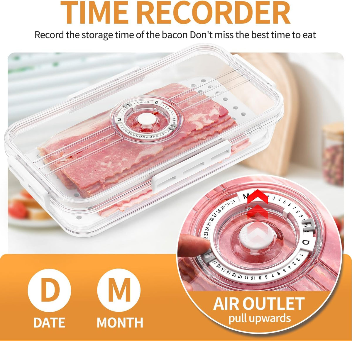 Bacon Storage Container for Fridge Airtight Lid Keeper Tongs Refrigerator | Durable Multi-purpose Bacon Deli Meat Cheese and Drain Plate Holder with Food Serving Tongs Date Tracking on the Lid