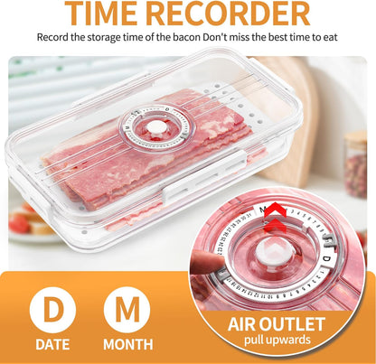 Bacon Storage Container for Fridge Airtight Lid Keeper Tongs Refrigerator | Durable Multi-purpose Bacon Deli Meat Cheese and Drain Plate Holder with Food Serving Tongs Date Tracking on the Lid