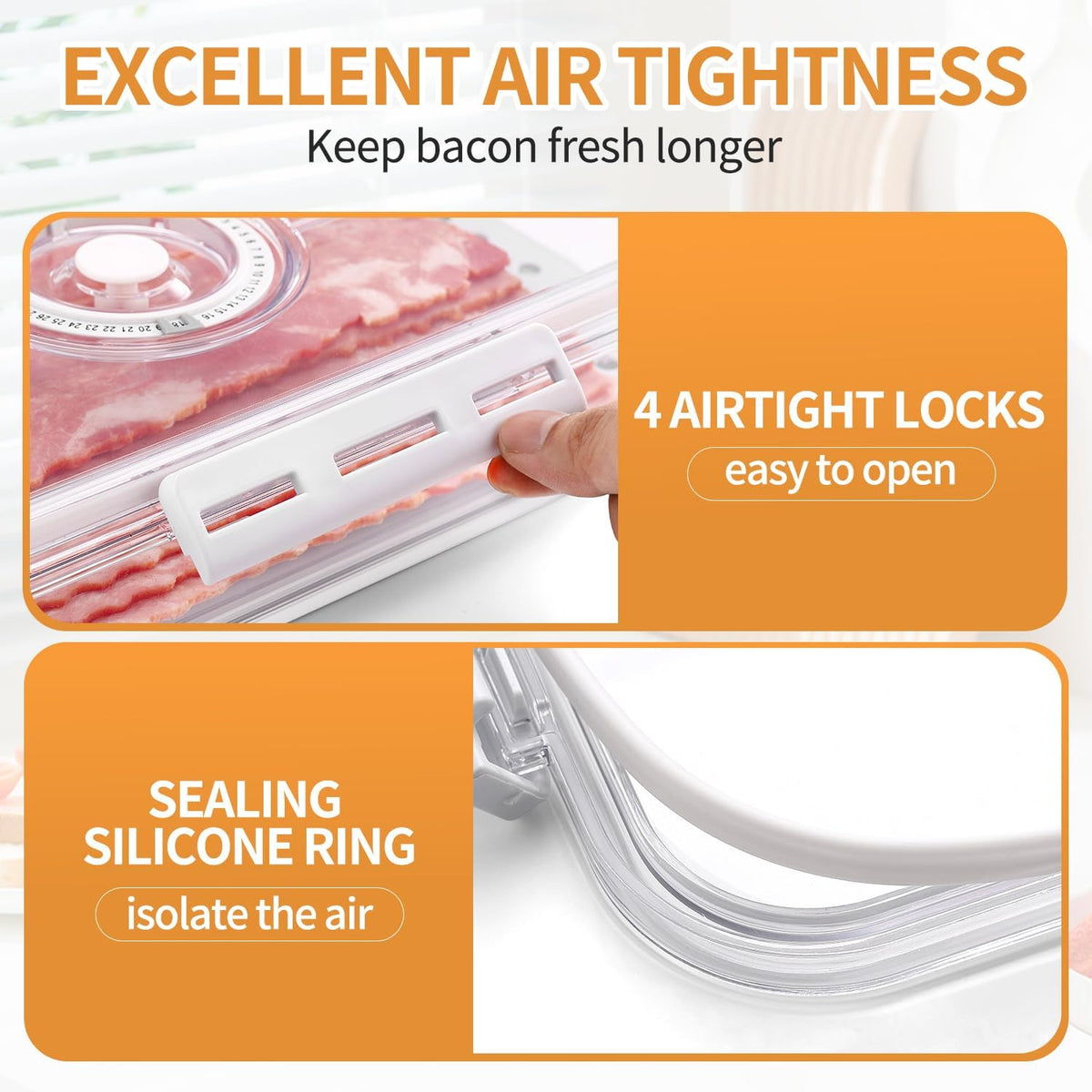 Bacon Storage Container for Fridge Airtight Lid Keeper Tongs Refrigerator | Durable Multi-purpose Bacon Deli Meat Cheese and Drain Plate Holder with Food Serving Tongs Date Tracking on the Lid