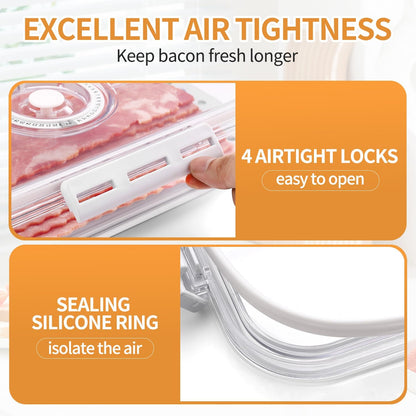 Bacon Storage Container for Fridge Airtight Lid Keeper Tongs Refrigerator | Durable Multi-purpose Bacon Deli Meat Cheese and Drain Plate Holder with Food Serving Tongs Date Tracking on the Lid