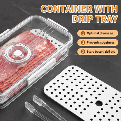 Bacon Storage Container for Fridge Airtight Lid Keeper Tongs Refrigerator | Durable Multi-purpose Bacon Deli Meat Cheese and Drain Plate Holder with Food Serving Tongs Date Tracking on the Lid